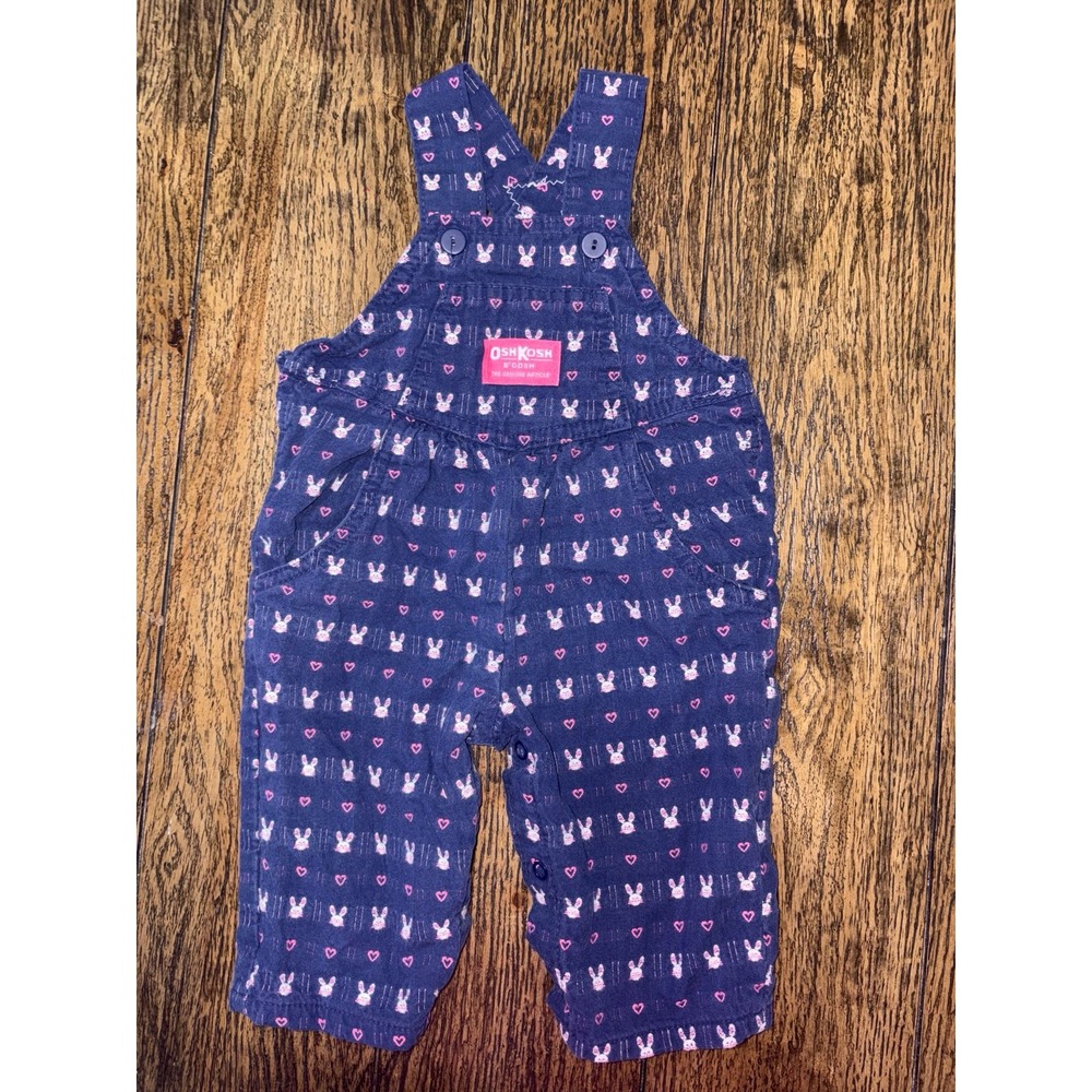 Vintage OshKosh B'Gosh 3/6 Bunny Heart Print Overalls Girls Pink Blue Vestbak